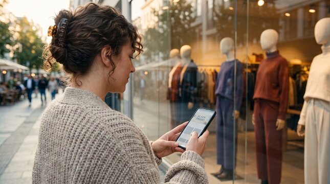 Young woman shopping online while standing outside a clothing store for Black Friday