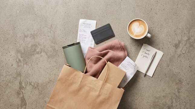 Coffee, receipts, and clothing items in a shopping bag - woman shopping on Black Friday