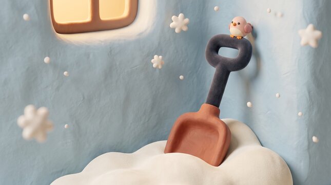 Shovel resting in snow with a small bird by a window in winter - Winter weather