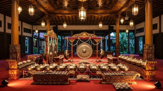 Traditional Javanese Gamelan Orchestra in an Ornate Wooden Pavilion with Golden Carvings