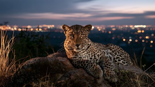 A leopard rests on a rocky outcrop overlooking a distant cityscape at twilight  with soft bokeh lights in the background