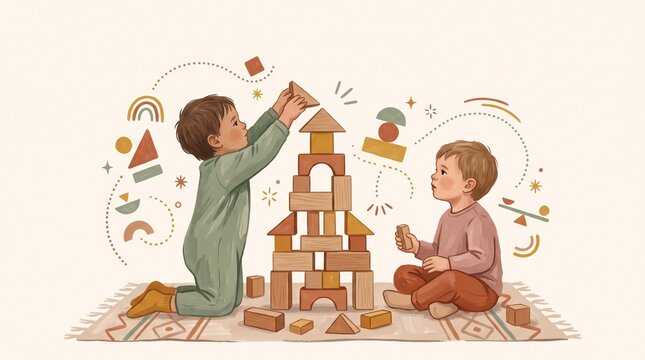 Children joyfully building a pyramid with wooden blocks against a playful background