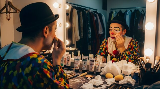 Male Clown Artist Applying Colorful Face Makeup in Dressing Room Mirror Before Performance
