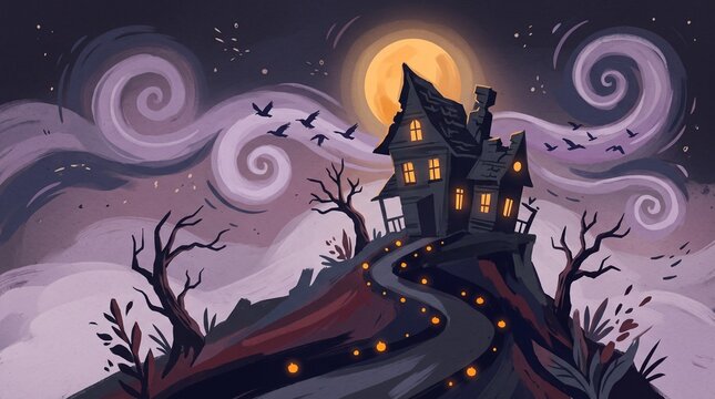 Haunted house on a hill under a full moon with swirling clouds for Halloween