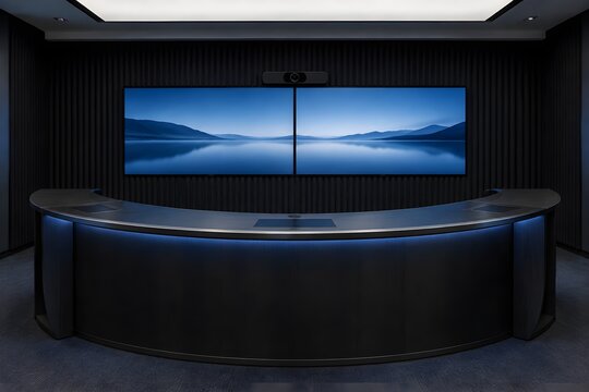 Semicircular curved ebony conference console oriented precisely toward two flush mounted ultra wide presentation displays