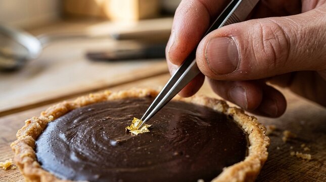 Gourmet Chocolate Tart Decoration: Applying Edible Gold Leaf with Tweezers