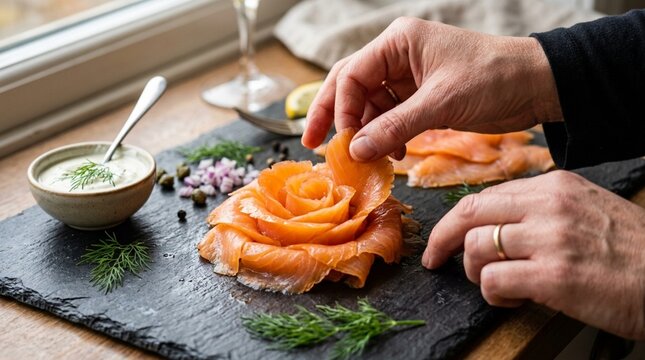 Gourmet Smoked Salmon Rose Decoration with Dill and Lemon