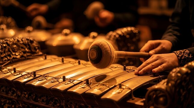 Musician Playing Traditional Gamelan Instrument with Mallet in Cultural Performance
