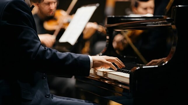 Pianist playing grand piano during classical music concert performance with symphony orchestra on stage