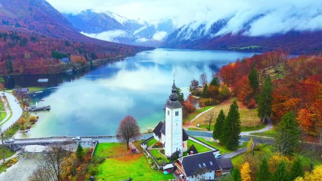 Autumn Landscape of Lake Bohinj and St John the Baptist Church, Slovenia