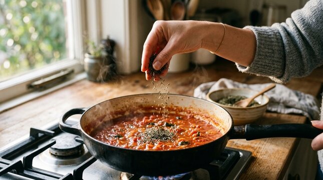 Hand adding herbs to simmering tomato sauce in a pan on a stove, cozy kitchen setting.