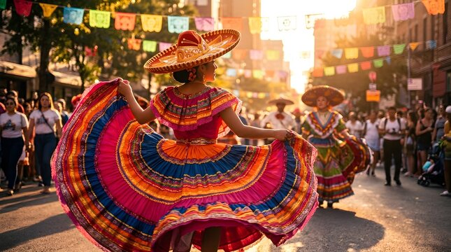 Vibrant Mexican Folklorico Dancer Performing Traditional Dance During a Colorful Cultural Street Parade Celebration at Sunset