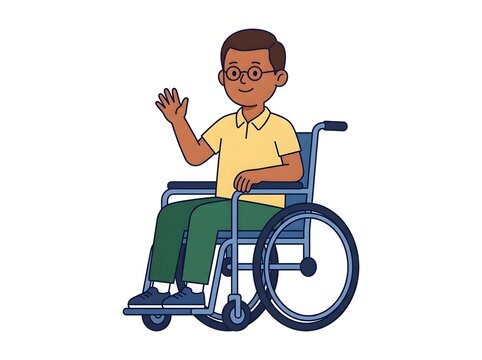Smiling boy in glasses sitting in a blue wheelchair and waving hello vector illustration