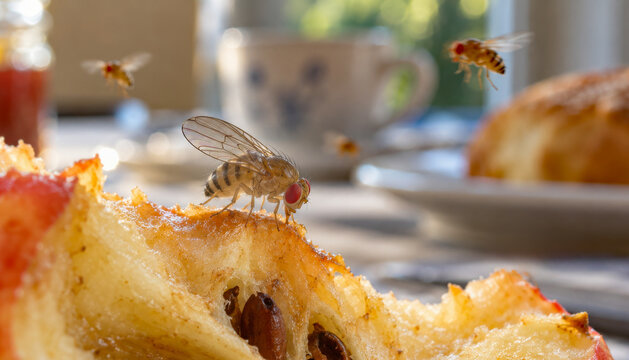 Fruchtfliege auf einem angeschnittenen Apfel am Fr&uuml;hst&uuml;ckstisch