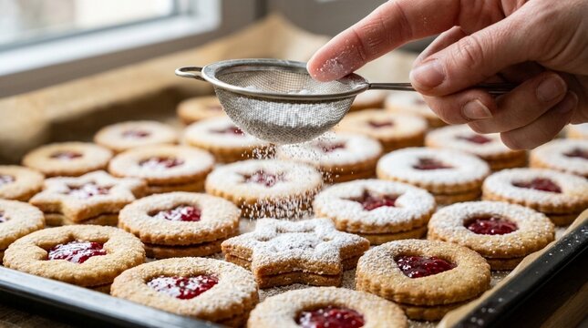 Hand dusting powdered sugar on fresh homemade cookies, close-up view