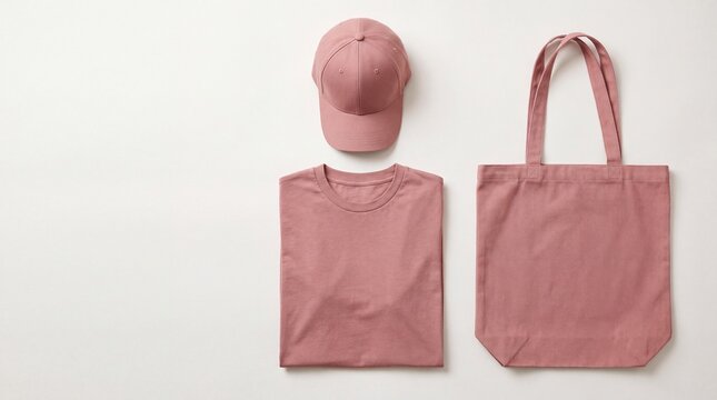 Pink apparel mock up collection. Features a blank t-shirt, baseball cap, and canvas tote bag. Clean textile photography for branding presentation, corporate merch, and fashion design.