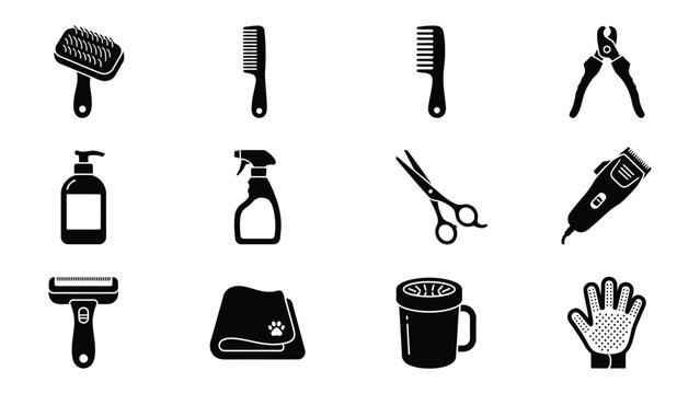Grooming Tools Collection: A curated set of essential pet grooming tools, including brushes, combs, scissors, nail clippers, shampoo bottle, spray bottle, trimmer, razor, towel, cup, and glove.