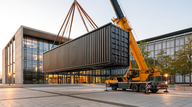 Yellow mobile crane lifting a black shipping container at a modern industrial site or modular building construction project, concept of logistics and architecture.
