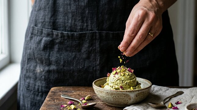 Hand Sprinkling Pistachios on Green Ice Cream