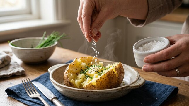 Hand Sprinkling Salt on Steaming Baked Potato with Chives