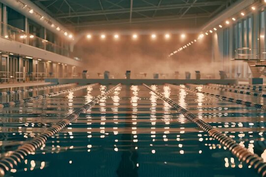 An empty indoor swimming pool with parallel lanes reflects warm ceiling lights across calm water, creating a cinematic setting for training and competition.