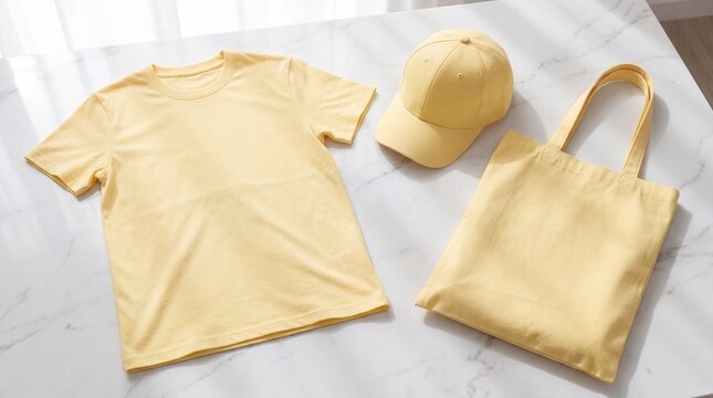 Yellow t-shirt mockup, cap, and tote bag flat lay. Blank apparel items arranged on marble table. Clean retail merchandising photography for branding and clothing store.