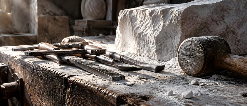 Sturdy sculptor workbench blanketed under fine marble powder with toothed chisels and point gouges