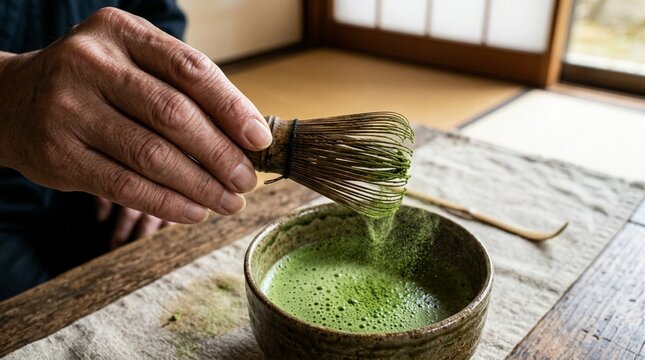 Hand whisking matcha tea powder in traditional Japanese ceremony bowl