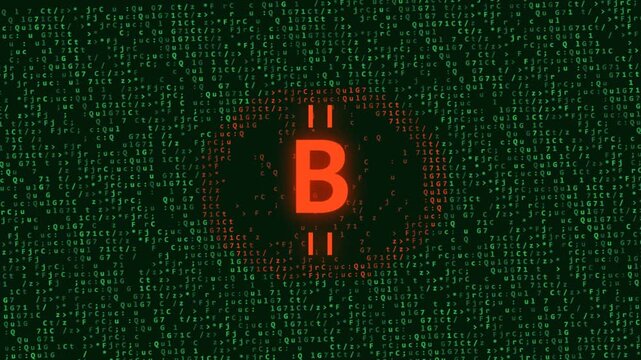 Bright glowing orange bitcoin cryptocurrency symbol floating inside abstract green digital matrix code interface background