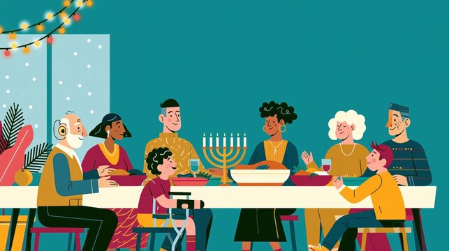 Colorful flat vector illustration of an inclusive multigenerational family celebrating a winter holiday around a table with menorah and roast