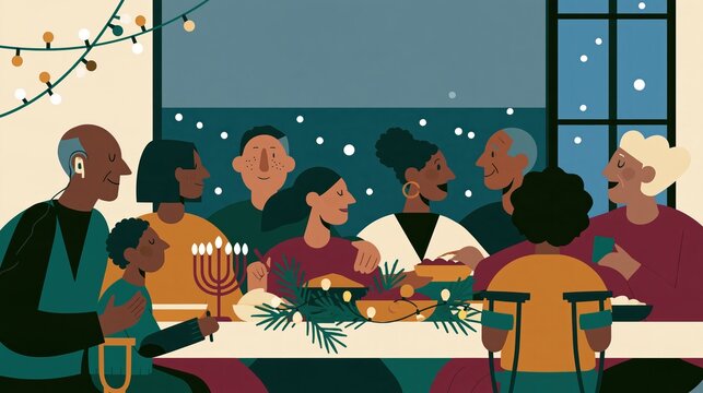 Stylized flat vector illustration of a diverse family sharing a cozy winter holiday meal with menorah and child using forearm crutches