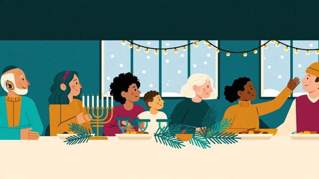 Flat vector illustration of a diverse multigenerational family gathered around a holiday table with a menorah on a snowy winter night