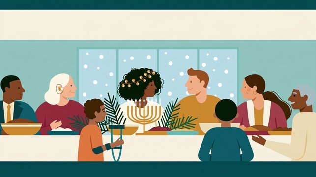 Flat vector illustration of a diverse multigenerational family gathered at a winter holiday dinner table with a menorah