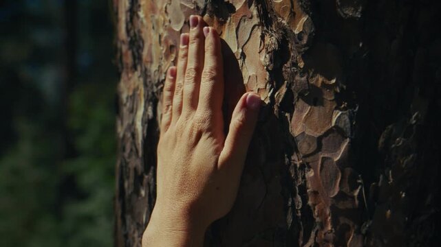 Hand gently touches rough pine bark. Sunlight highlights the textured tree surface. Close-up shows connection with nature. Ideal for eco-themed content or mindfulness visuals. Warm tones evoke calm