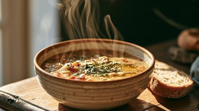 A bowl of creamy soup topped with fresh herbs and vegetables releases gentle steam in warm light, capturing homemade comfort food and rustic dining.