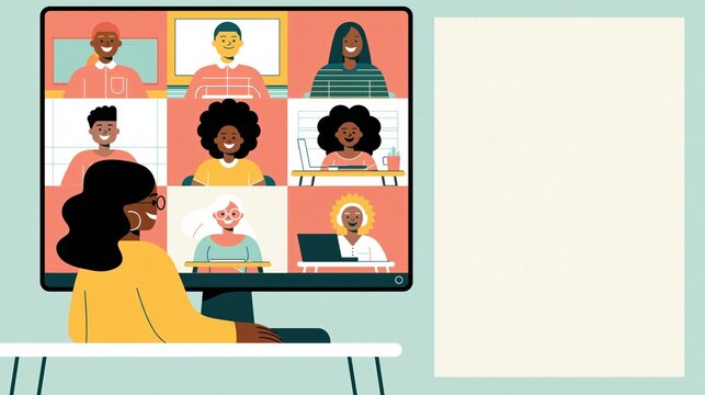 Flat vector illustration of a smiling teacher at a desk hosting a large online video class with diverse participants and copy space