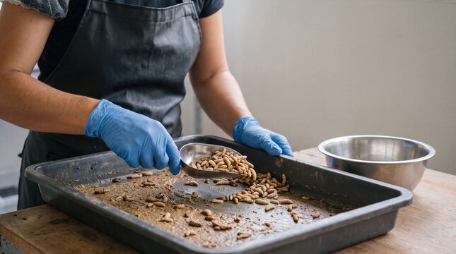 Farm worker harvesting black soldier fly larvae from a rearing tray