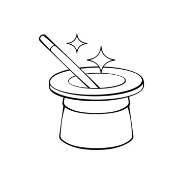 Magic hat with wand and sparkling stars linear vector illustration icon for wizard show performance isolated on transparent background