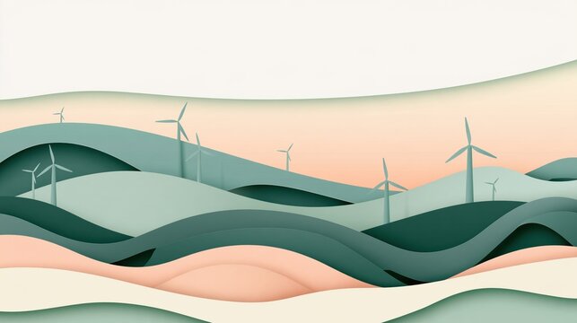 Layered paper-cut landscape of rolling green hills with wind turbines under a soft peach sunset sky