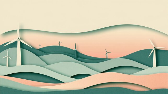 Paper-cut style illustration of wind turbines on layered teal and peach hills at sunset with copy space