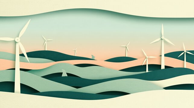 Layered paper-cut illustration of wind turbines on rolling green hills at soft pastel sunset, renewable energy landscape