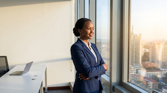 Businesswoman standing confident by office window with city skyline