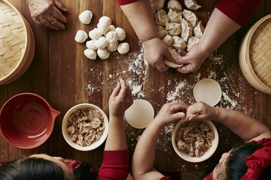 Top view of family hands shaping dumplings with meat filling and dough balls on a rustic floured wooden table