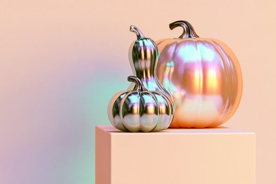 Iridescent pearlescent pumpkin and glossy chrome gourds on a peach pedestal with soft pastel gradient background and copy space