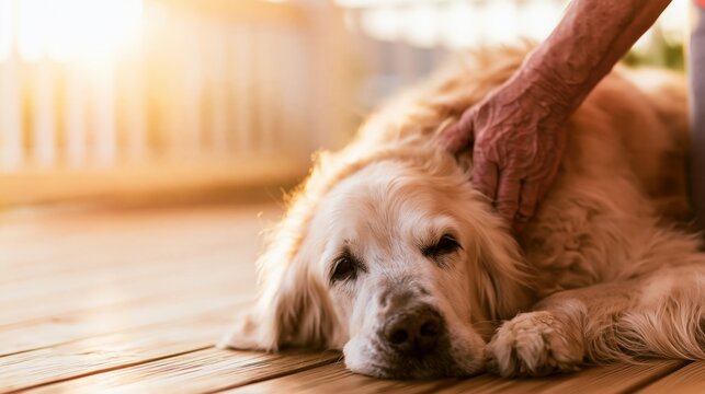 Elderly hand petting a senior golden retriever resting peacefully on a sunny wooden deck in warm evening light