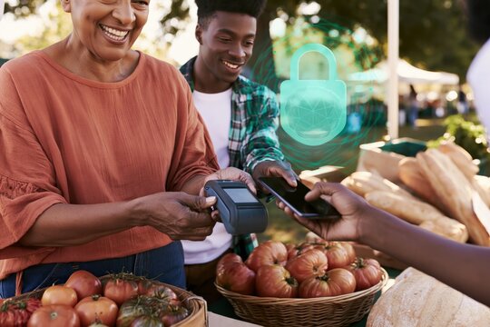 Cheerful market vendor and young man paying by smartphone with glowing security padlock over fresh tomatoes and bread