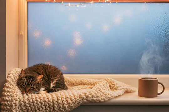Tabby cat sleeping on cream knitted blanket on windowsill beside steaming mug on a cozy frosty winter evening