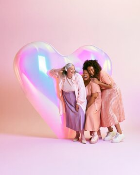 Three diverse women friends laughing together and hugging beside a giant holographic heart in soft pastel studio light