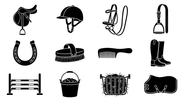 Set of equestrian equipment icons for horse riding sports isolated on