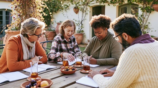 Illustration of a diverse group of mature adults studying together with notebooks and tea at an outdoor garden table